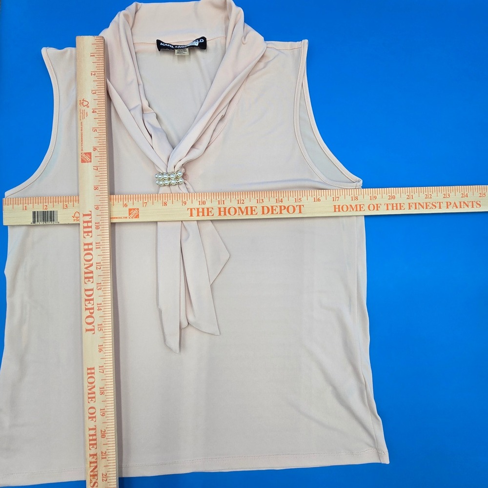 Karl Lagerfeld Paris Blush Pink Tie Neck Sleeveless Blouse Faux Pearl Accent M - Picture 8 of 9